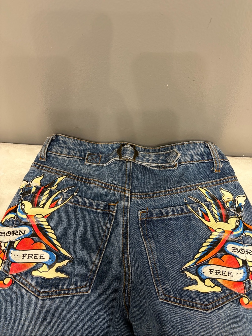 ED HARDY Born Free Barrel Wide Leg Jeans Y2K Streetwear Festival Teen Retro 24